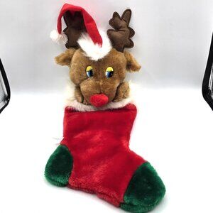 VTG 80s Christmas Red Nose Reindeer Stocking Fukei Ind. 3D Plush Hat Flat Eyes